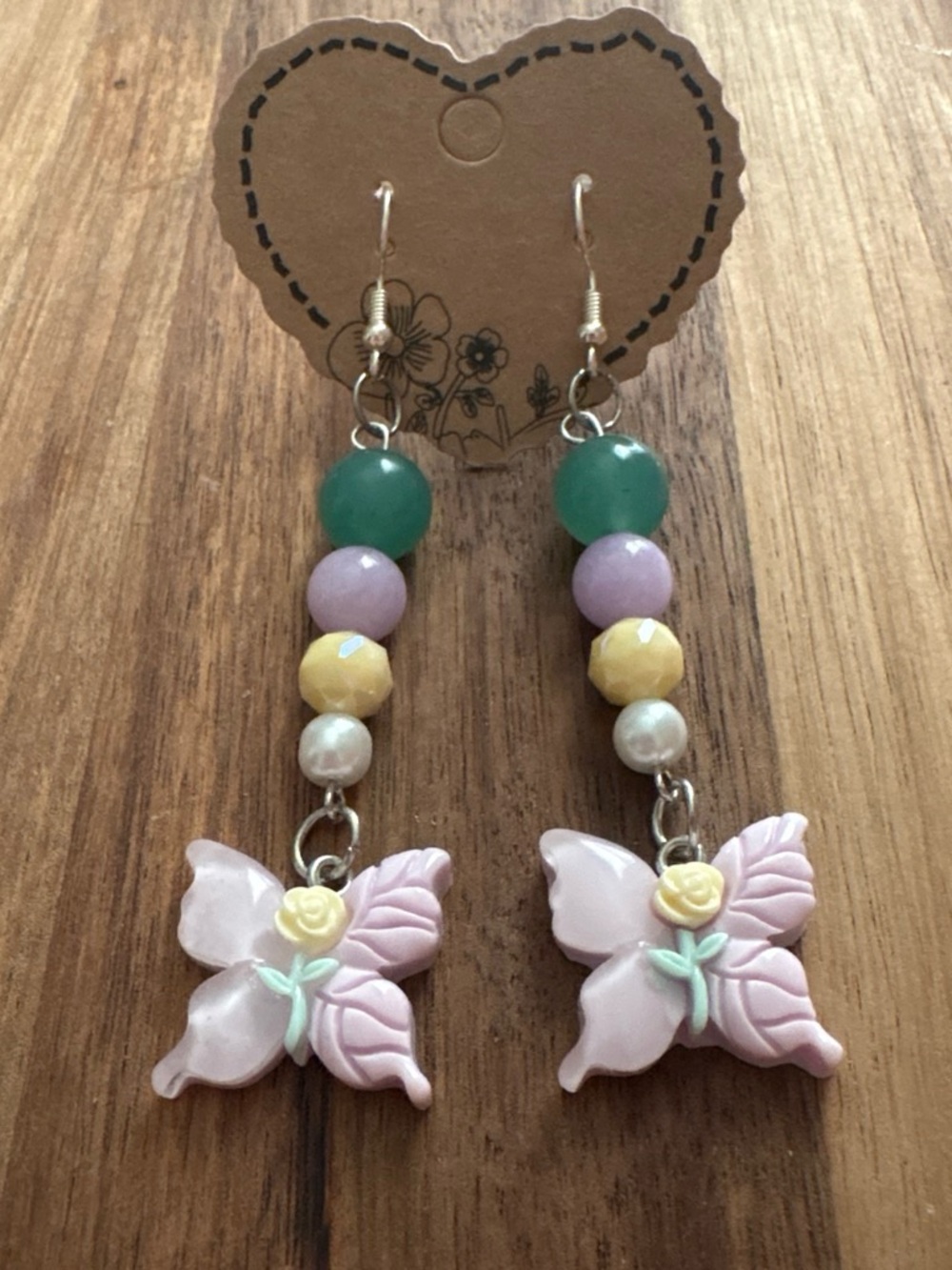 Handmade Pastel Butterfly Drop Earrings w/ Green Aventurine & Dyed Quartz